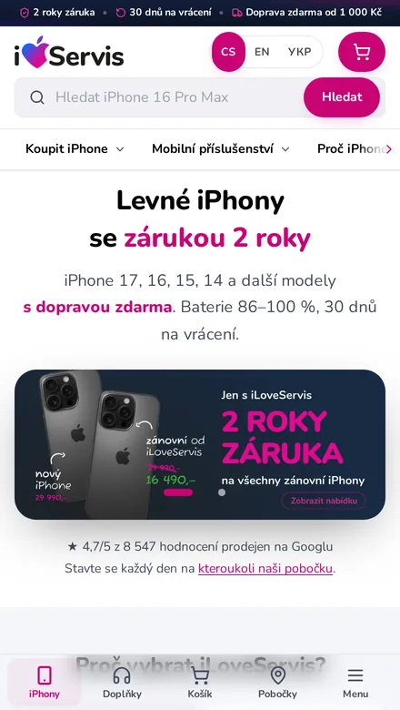 The koupitiphone.cz store on a phone screen, showing the mobile storefront with the headline, offer banner and Google rating.