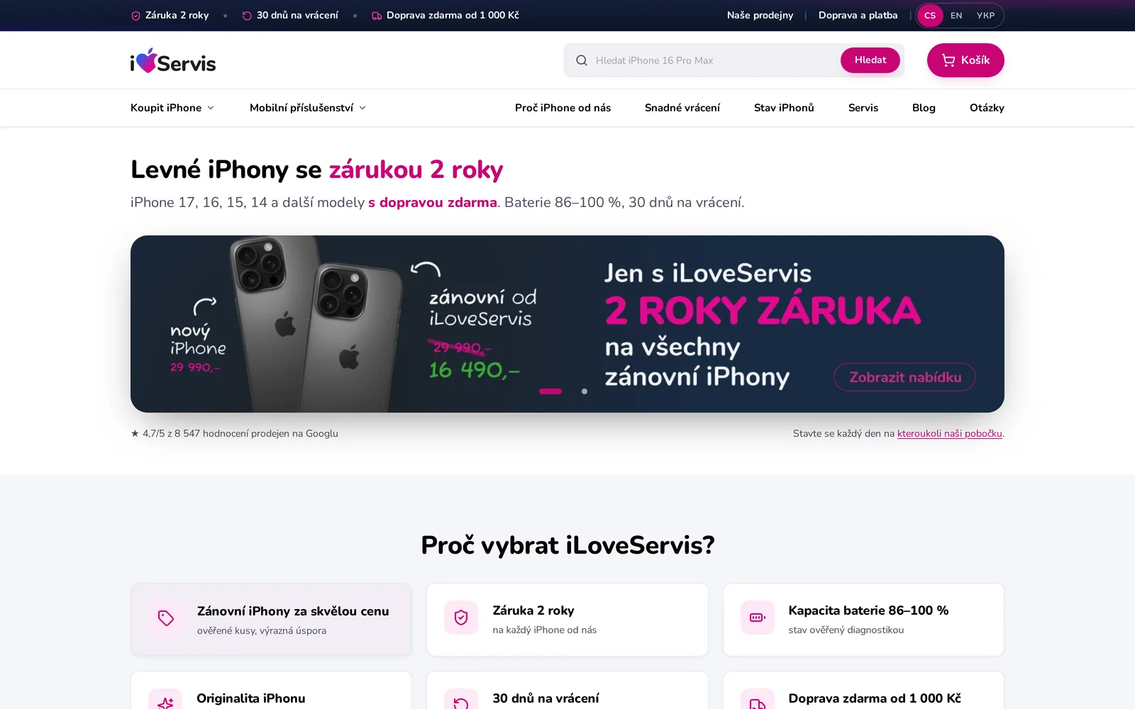 The koupitiphone.cz storefront shown in a browser frame, revealed from its underlying page structure.